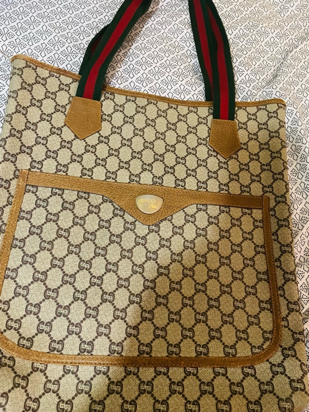 Gucci Beige Brown Monogram Tote with Green and Red Striped Straps